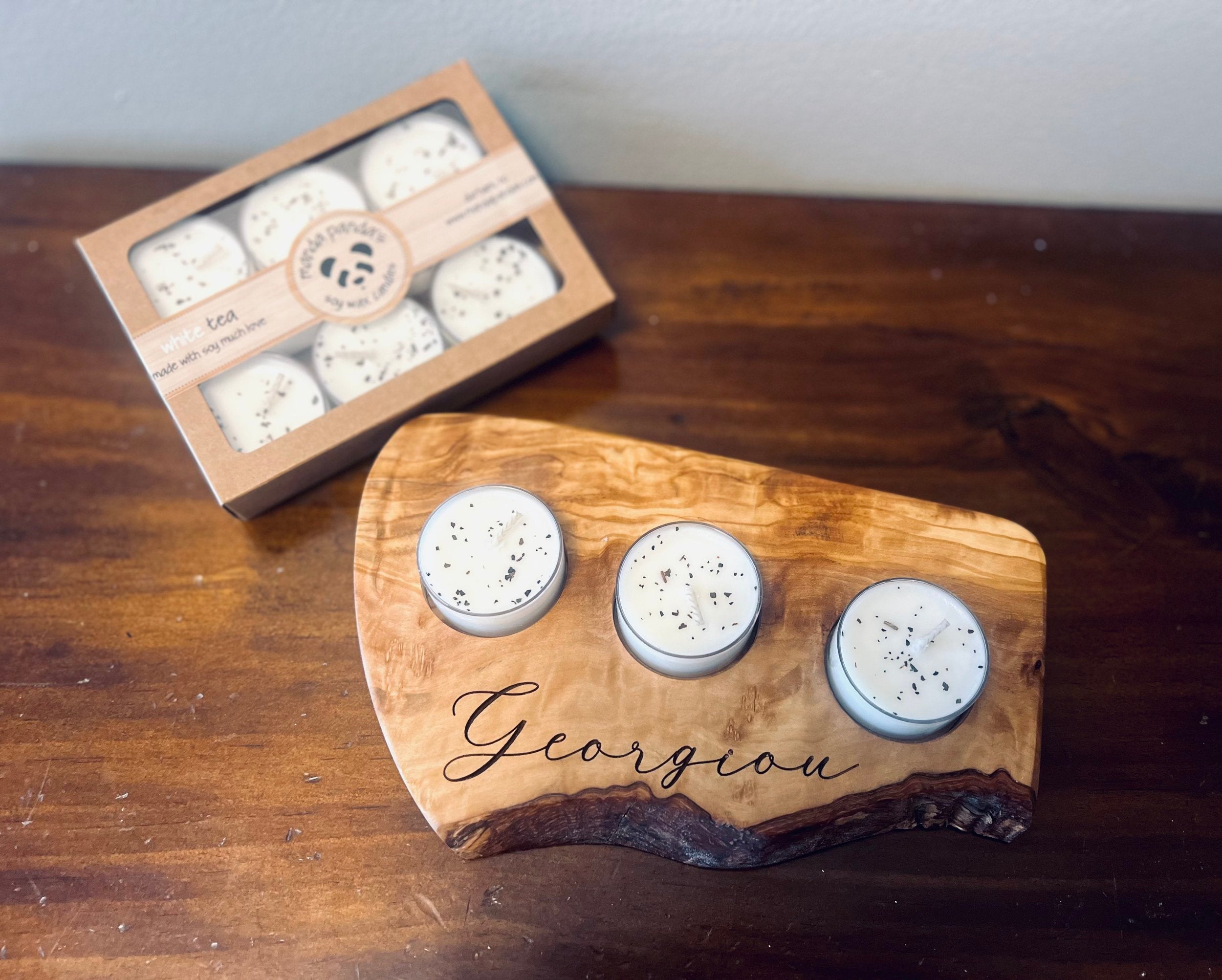 Olive wood tea light candle holder set